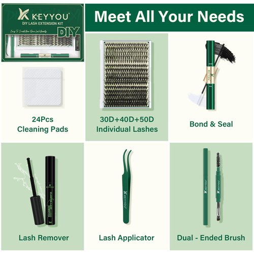 DIY Lash Extension Kit KEYYOU 300Pcs Individual Eyelash Extension Kit 30D40D50D 0.07C Curl 9-18MIX Lash Clusters Kit with Lash Glue Remover Applicator Easy to Use(Kit-30D40D50D-0.07C,9-18MIX)