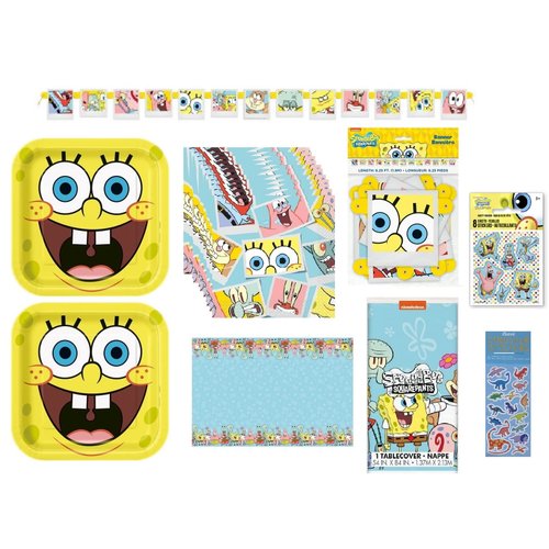 Spongebob SquarePant Birthday Party Supplies Decoration Bundle Pack Includes 16 Lunch Plates, 16 Lunch Napkins, 1 Table Cover, 1 Happy Birthday Banner, 8 Sticker Sheets, 1 Dinosaur Sticker Sheet