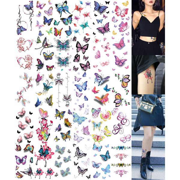 30 Sheets Butterfly Temporary Tattoos For Women Girls Adults 3D Butterflies Sexy Fake Tattoo Stickers Waterproof Body Art Colored Temp Tattoo Paper (Butterfly-30)