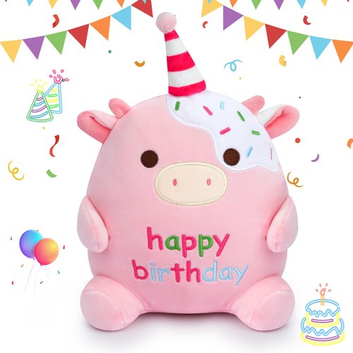 QAUJERY Happy Birthday Plush Toy, 8Inch Cute Cow Plush, Cow Stuffed Animals Soft Birthday Plush, Kawaii Cow Plushie Doll Home Party Decoration Birthday Gift for Kids Boys Girls (Happy Birthday Cow)