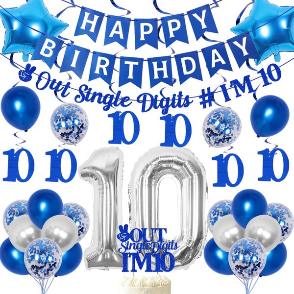 JOYMEMO 10th Birthday Decorations Blue, Peace Out Single Digits Tenth Birthday Party Supplies with Hanging Swirls & Paper Glitter Banner Cake Topper Double Digits Birthday Decor