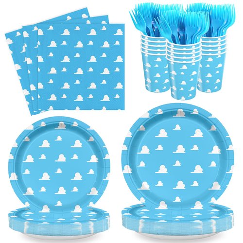 AURORAPARTY 120 Pcs Blue Sky Paper Plates Birthday Party Tableware Set White Cloud Napkins Forks Cartoon Story Party Decorations for 24 Guestes