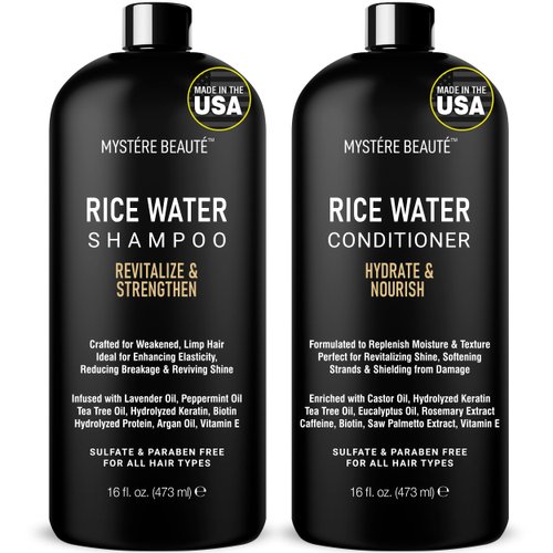 MYSTÉRE BEAUTÉ Rice Water Shampoo and Conditioner Set - Ultra-Nourishing Hair Care Set, Promotes Growth, Revitalizes Shine, and Shields from Damage - Infused with Essential Oils - 16 fl oz Each