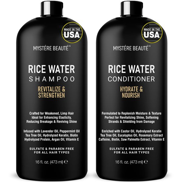 MYSTÉRE BEAUTÉ Rice Water Shampoo and Conditioner Set - Ultra-Nourishing Hair Care Set, Promotes Growth, Revitalizes Shine, and Shields from Damage - Infused with Essential Oils - 16 fl oz Each