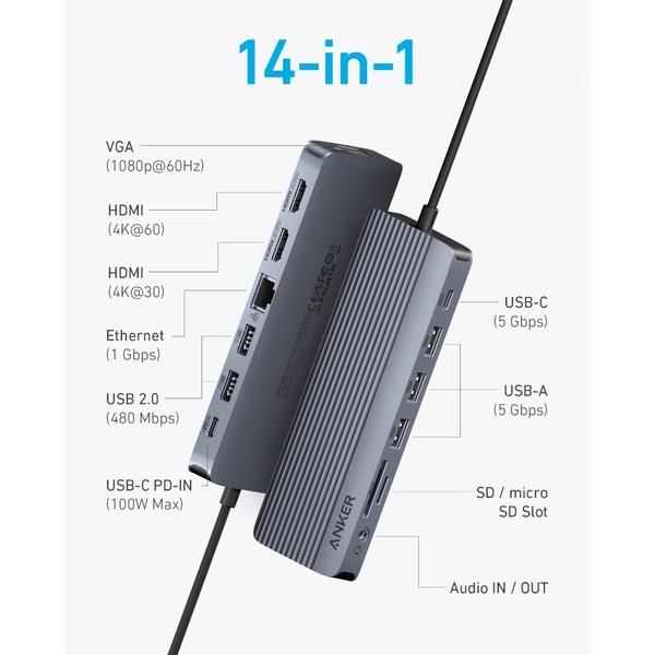 Anker 14-in-1 USB-C Hub With 4K HDMI, 1080p VGA, 100W Power Delivery, 5Gbps USB-A/C Data Ports for MacBook, Dell XPS, HP Laptops