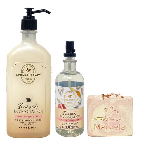 Bath & Body Works Aromatherapy Steeped Invigoration Rose + Tangerine + Tea Body Lotion and Essential Oil Mist Bundle with a Himalayan Salts Springs Bar Soap - Full Size
