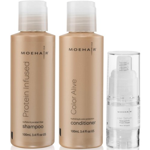 MOEHAIR Travel Pack of Protein Infused Shampoo (3.4 Fl. Oz), Color Alive Conditioner (3.4 Fl. Oz) and Hair Serum (0.51 Fl. Oz) | Travel Shampoo and Conditioner with Frizz Ease Serum | Sulfate-Free