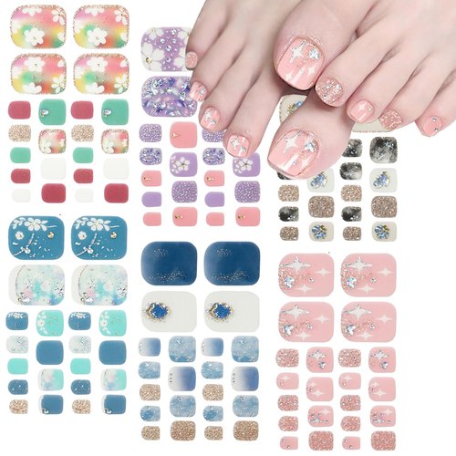 6Sheets Glitter Toe Nail Stickers Full Nail Wraps Nail Polish Strips 3D Self-Adhesive Design Flower Star Wave Point Marble Toenail Flash Toenail Manicure Full Stickers for Women Toenail Decorations