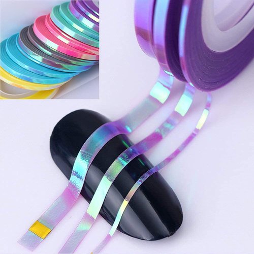 Nail Art Striping Tape Lines 18 pcs Mermaid Candy Color Adhesive Nail Stickers,Rolls Nail Strips Tape Decals for Design Hologram Purple Blue Grey Line Nail Art