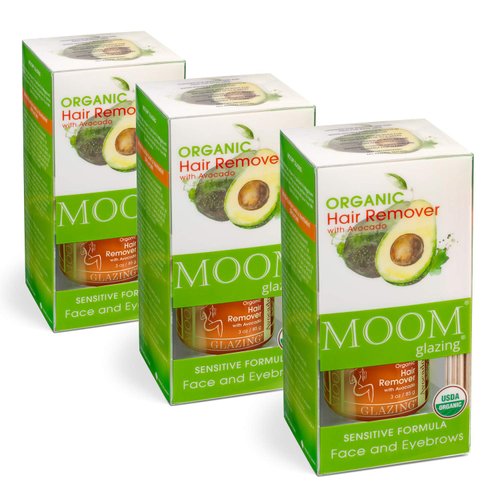 MOOM Organic Sugar Facial Hair Remover Glaze with Avocado Oil & Lemon Juice for Lip Face & Eyebrow- Wax Kit - 18 Waxing Strips & 6 Wooden Sticks for Application 3 oz. - 3 Pack