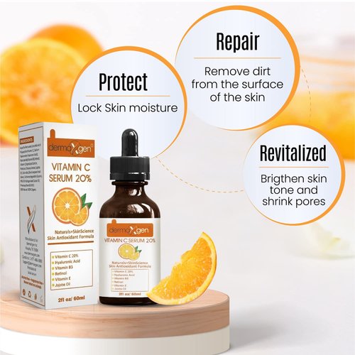 Dermaxgen 20% Vitamin C Serum + Hyaluronic Acid + Retinol + Vitamin E + Vitamin B PURE ORGANIC- Boost Skin Collagen, Moisturizer, Anti Aging & Wrinkle Facial Serum (2 FL OZ)