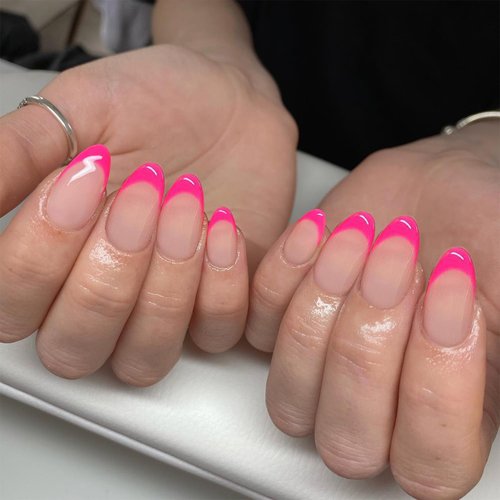 Hot Pink French Tip Cute Press on Nails Medium Acrylic Nails Almond Glossy Nude Stick On Nails 24PCS Gel Glue On Nails Kit for Women and Girls