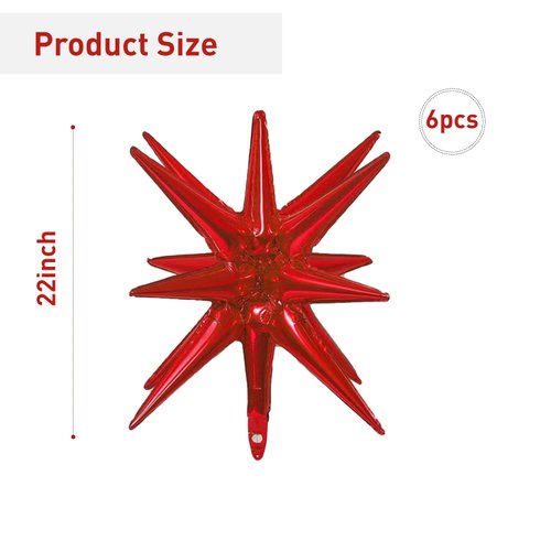 6 Pcs Red Star Foil Balloons One-Piece 14-Pointed Star Balloons 4D Starburst Cone Mylar Balloons 22inch Christmas Birthday Wedding Wedding Anniversary Party Supplies(Red)