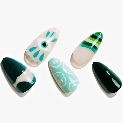 GLAMERMAID Green Press on Nails Medium Almond, St. Patrick's Day Nude French Tip Fake Nails Stiletto, Natural Short Oval Gothic Stick on Nails Gel, Reusable Gloss Acrylic False Nail Kit for Women Gift