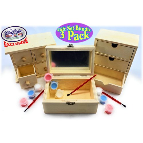 Matty's Toy Stop Design & Paint Your Own Wooden Jewelry Box Set with Mirror Jewelry Box, 3 Drawer Dresser, 4 Drawer Dresser, 3 Brushes & 9 Paints (3 Pink, 3 Blue & 3 White) Gift Set Bundle - 3 Pack