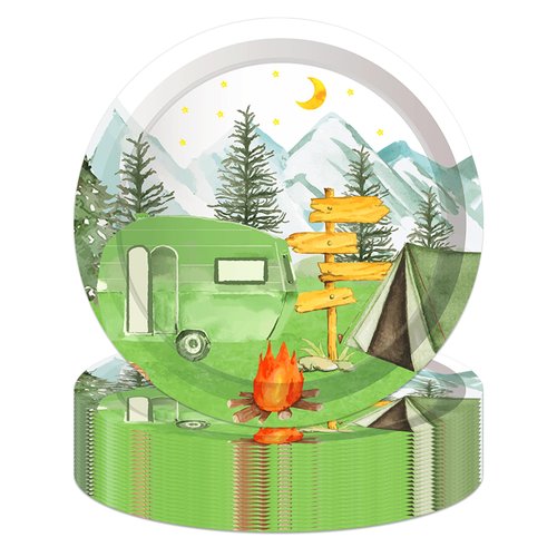 Jajajuegos 9" Camping Paper Plates Celebrate Party Tableware Round Disposable Dinner Paper Plates Set Camping Theme Party Paper Plates Festival Party Supplies(24 pcs)