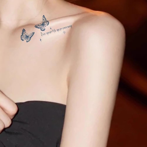 Oottati 2 Sheets Tiny Fake Semi Permanent Waterproof Temporary Tattoos Stickers 100% Plant-Based Ink Realistic English Inspirational Quotes Words Butterfly Live your Life your own way