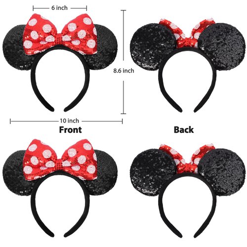 UNSPAZ Mouse Ears Headbands, 2 PCS Classic Mouse Ears for Women Girls, Red Bow Headbands for Cosplay Accessories Party Decorations (Red)