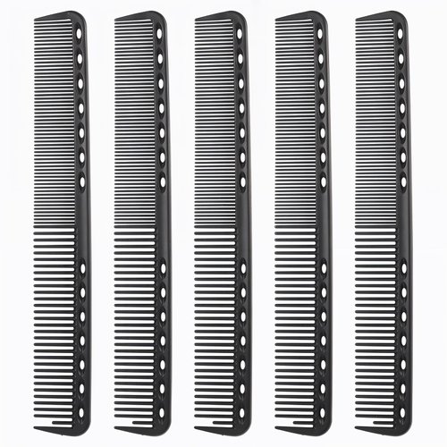 5PCS Black Hair Combs Premium Carbon Fiber Barber Comb, Medium & Fine Teeth Styling Comb, Heat Resistant Hair Cutting Comb Clipper Combs for Hairdressing Grooming Detangling Sectioning Teasing, 7 In