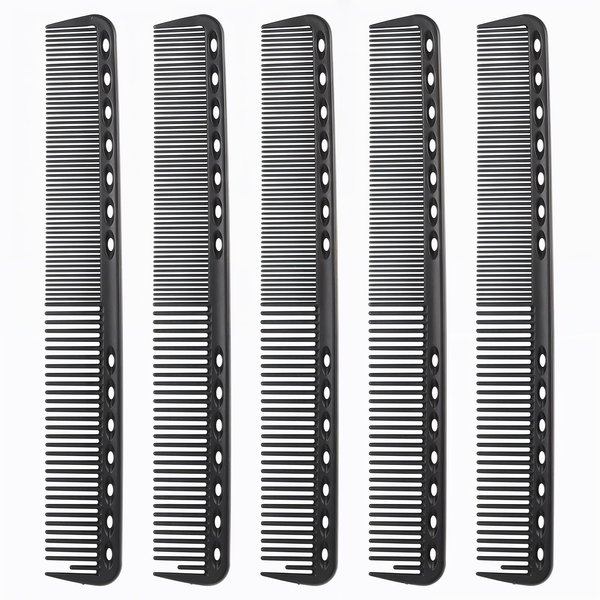 5PCS Black Hair Combs Premium Carbon Fiber Barber Comb, Medium & Fine Teeth Styling Comb, Heat Resistant Hair Cutting Comb Clipper Combs for Hairdressing Grooming Detangling Sectioning Teasing, 7 In