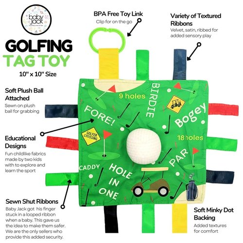 Baby Jack & Co 10x10” Golf Sports Lovey Sensory Plush Blanket - Tag Toys for Babies - Baby Stroller Toys - Learn Shapes, Letters & Colors - Perfect Baby Ball Toy & Baby Sports Gift