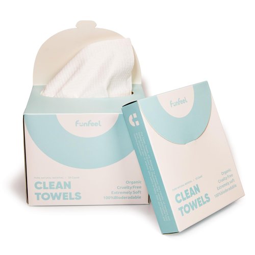 Funfeel Clean Towels - 100% Biobased, Disposable Face Towels for Sensitive Skin, Super Soft Biodegradable Makeup Remover Wipes, Facial Washcloth 50 Ct with 10 Ct Travel Pack, 2 Packs