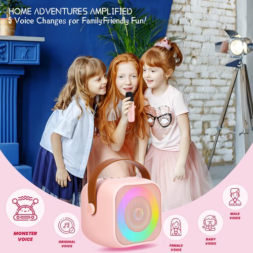 Karaoke Machine for Kids Adults, Mini Portable Bluetooth Karaoke Speaker with 2 Wireless Microphone and Lights, Birthday Gifts for Girls Ages 4, 5, 6, 7, 8, 9, 10, 12+ Family Home Party (Pink)