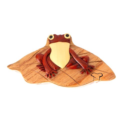 Frog on Lily pad - All Natural Wood Intarsia Puzzle Box - Handcrafted with Secret Compartment