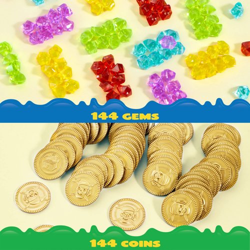 JOYIN Toy 288 Pieces Pirate Gold Coins and Pirate Gems Jewelry Playset Pack Party Favor. (144 Coins+144 Gems)