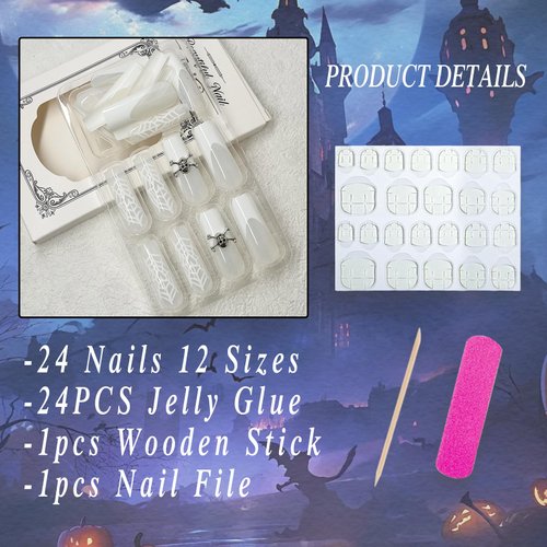 ROFIBUT Halloween Press on Nails Long Square Fake Nails Glossy White French Tip Coffin False Nails with Skull Charms Acrylic Nails Luxury White Spider Web Full Cover Glue on Nail for Women Girls 24Pcs