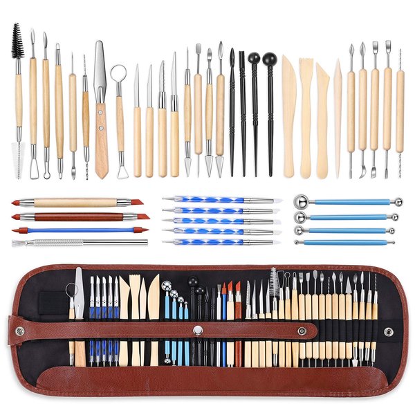 ISSEVE Pottery Clay Sculpting Tools 43Pcs Double Sided Ceramic Clay Carving Tool Set with Carrying Case Bag for Beginners Professionals School Student Pottery Modeling Smoothing