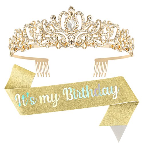 YISSION Birthday Girl Sash & Crown Gold Princess Tiara Crown for Women Girls Happy Birthday Queen Crown & Sash Birthday Tiaras & Crowns for Women Crystal Birthday Headband Birthday Party Decorations