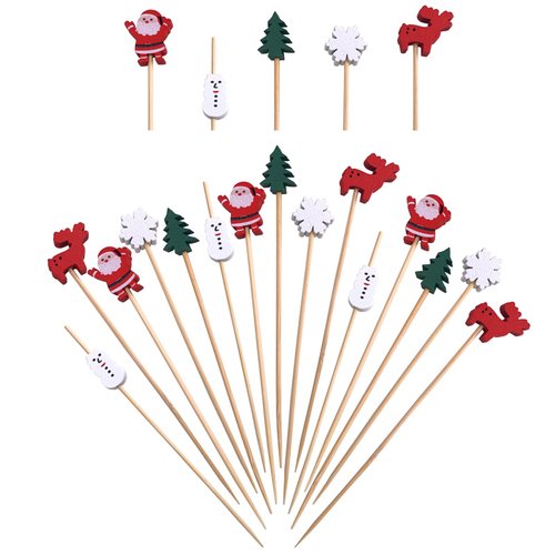 Jiesky 100 Counts Christmas Cocktail Picks Christmas Tree Snowflake Snowman Santa Claus Reindeer,4.7in Bamboo Cocktail Toothpicks Fruit Food Appetizer for Christmas Party Decorations