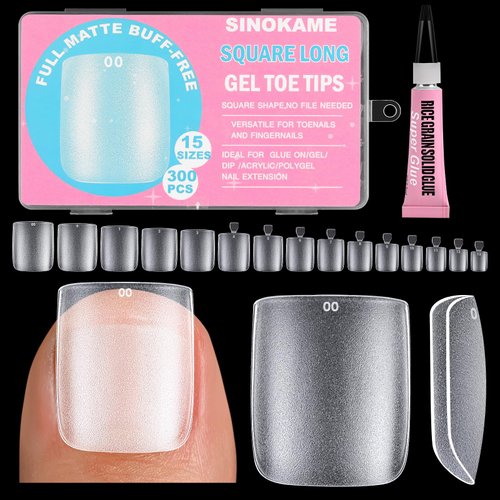 Wider Long Square Toe Nail Tips Full Cover, SINOKAME No File Matte Toe Nail Press Ons Clear, Soak Off Fake Toenails Extensions DIY Home Manicure Kit for Women Men,300 Pcs 15 Sizes