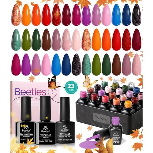 beetles Gel Nail Polish Kit,23 pcs Blue Pink Green Brown Burgundy Purple Fall Gel Nail Polish Set DIY Home Gifts for Women Soak Off UV Gel Kit with Base Gel Glossy Matte Top Coat DIY Manicure Gifts