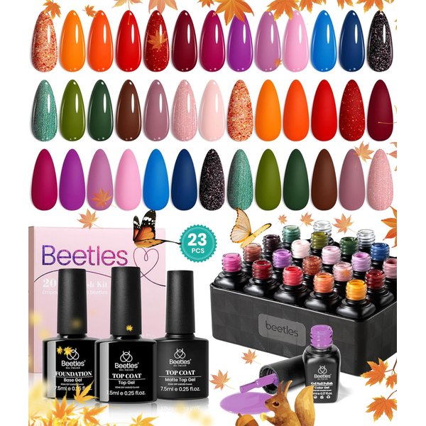 beetles Gel Nail Polish Kit,23 pcs Blue Pink Green Brown Burgundy Purple Fall Gel Nail Polish Set DIY Home Gifts for Women Soak Off UV Gel Kit with Base Gel Glossy Matte Top Coat DIY Manicure Gifts
