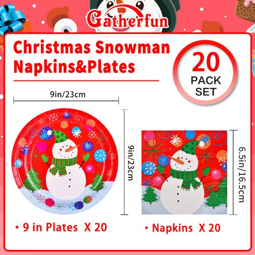 Gatherfun Christmas Party Supplies Christmas Snowman Disposable Paper Dinner Plates and Napkins for Merry Christmas Party, Serve 20