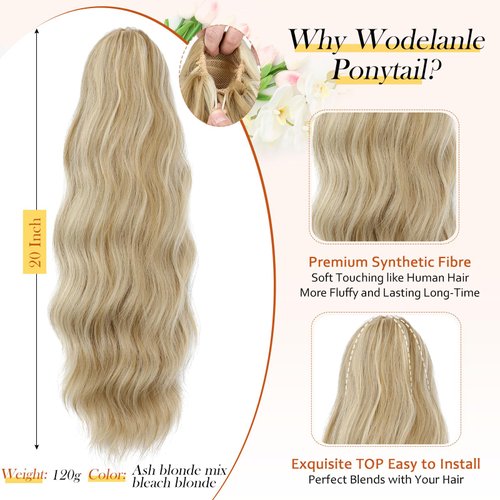 Wodelanle Ponytail Extension, 20 Inch Drawstring Ponytail Extension Long Blonde Wavy Pony Tails Hair Extensions Synthetic Clip in Fake Ponytail Hairpiece for Women(Mix Blonde)