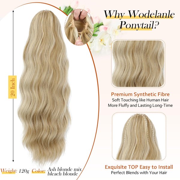 Wodelanle Ponytail Extension, 20 Inch Drawstring Ponytail Extension Long Blonde Wavy Pony Tails Hair Extensions Synthetic Clip in Fake Ponytail Hairpiece for Women(Mix Blonde)