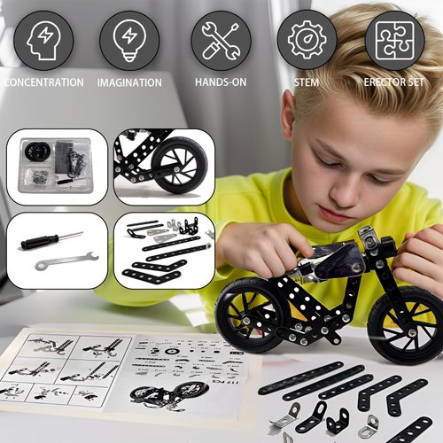 Metal Model Motorcycle Kits - 117 Pcs Erector Sets for Boys Age 8-12, Motobike Building Toys, STEM Kits for Kids Age 8-10, Assembly Car Project for 14 and Up, Gifts for 15 16 Year Old Boys and Adults