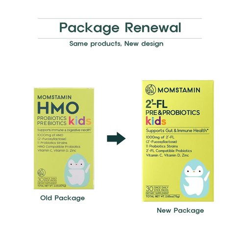 MOMSTAMIN 2'-FL Pre & Probiotics for Kids(4+) : Gut Health | Immune Support | Digestive Supplement Enhance Cognitive Ability & Sleep Quality Vitamin C, D Zinc/Yogurt Flavored 30 Sticks - Daily