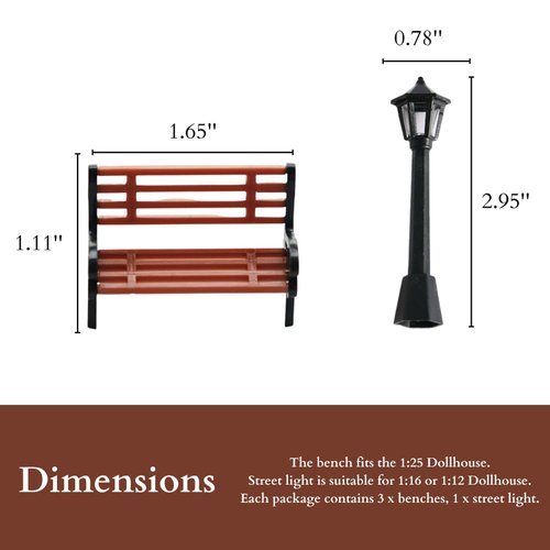 FABMODE 3 Pcs Christmas Dollhouse Benches, Mini Plastic Benches, Miniature Kit, Park Bench,Micro Landscape,Dollhouse DIY Accessories, 1:25 (with 1 Mini Street Lamp)