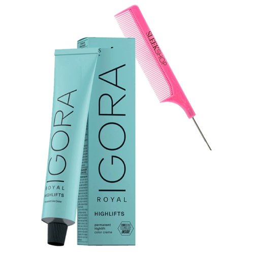 Sleekshop Comb + IGORA ROYAL HIGHLIFTS by Schwarzkapf Professional PERMANENT HIGH LIFTS Creme Hair Color Dye, 100% Coverage Cream Haircolor, Newest 2023-2024 Version (with SLEEKSHOP Argan-Oil Infused PINK Rat Tail Steel Pin Comb) (12-2 Special Blonde Ash)