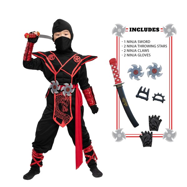 Spooktacular Creations Dragon Ninja Costume for kids, Red Boys Ninja Costume Outfit Set for Halloween Ninja Costume Dress Up Party-L