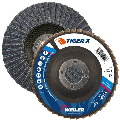 Weiler 51202 Tiger X Flap Disc, Ceramic and Zirconia Alumina, Angled, Phenolic Backing, 60 Grit, 4-1/2", 7/8" Arbor Hole (Pack of 10)