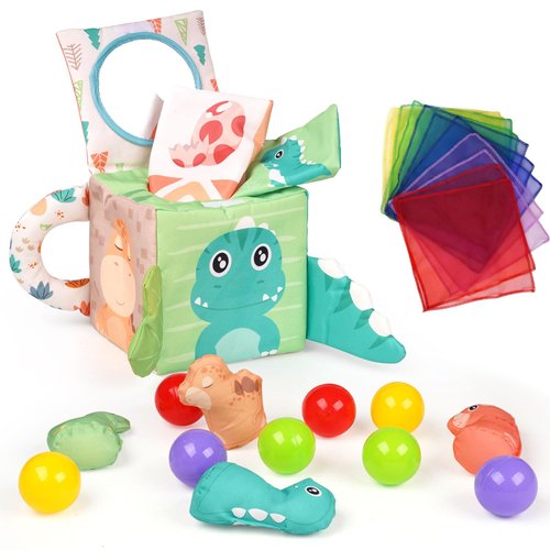 Baby Tissue Box Toy Montessori Square Sensory Toys with Colorful Pull Scarves, Play Balls,Crinkle Paper,Mirror,Squeaky Sounds,Magic Tissue Box Baby Toys Early Learning Baby Infant Toys 6 to 12 Months