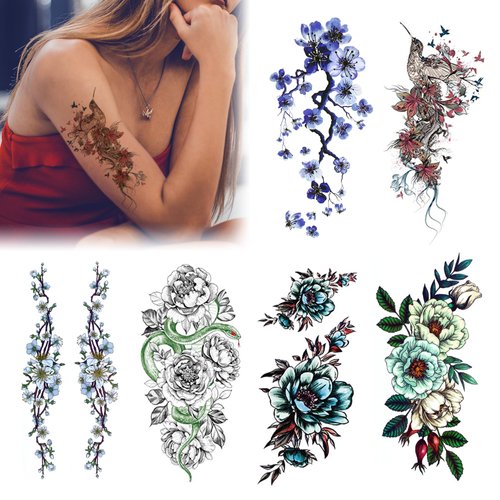Fssqii 6 Sheets Sexy Flower Rose Temporary Tattoos for Women Girls Adult Body Art Fake Arm Tattoo Stickers Waterproof Bird Snake Floral Tattoo Temporary Neck Tatoo Fashion Creative Tattoo Stickers (A)