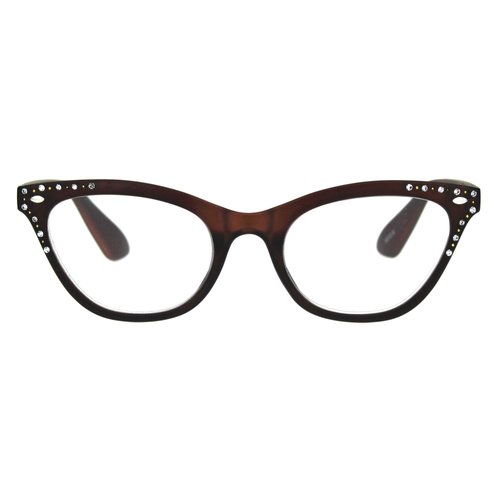SA106 Womens Bling Rhinestone Plastic Cat Eye Horn Rim Powered Reading Glasses Brown 1.5
