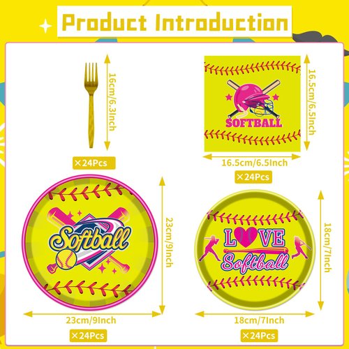 Rakuto Softball Party Decorations Supplies - 96PCS Softball Party Plates Napkins Forks Softball Paper Plates Dinnerware Sports Softball Birthday Party Baby Shower Decoration Tableware Set (24 Guests)