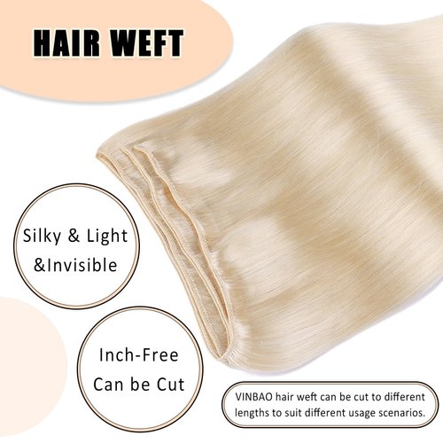 VINBAO Sew in Weft Human Hair Extensions Blonde Human Hair Weave Color 60 Platinum Blonde Weft Hair Extensions Human Hair Sew in Human Hair 16Inch 80g Double Wefted (weft#60,16'')